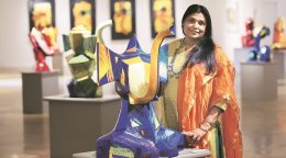 Sujata Bajaj along with her Art work on Ganesha in brand new Delhi. EXPRESS PHOTO BY PRAVEEN KHANNA .